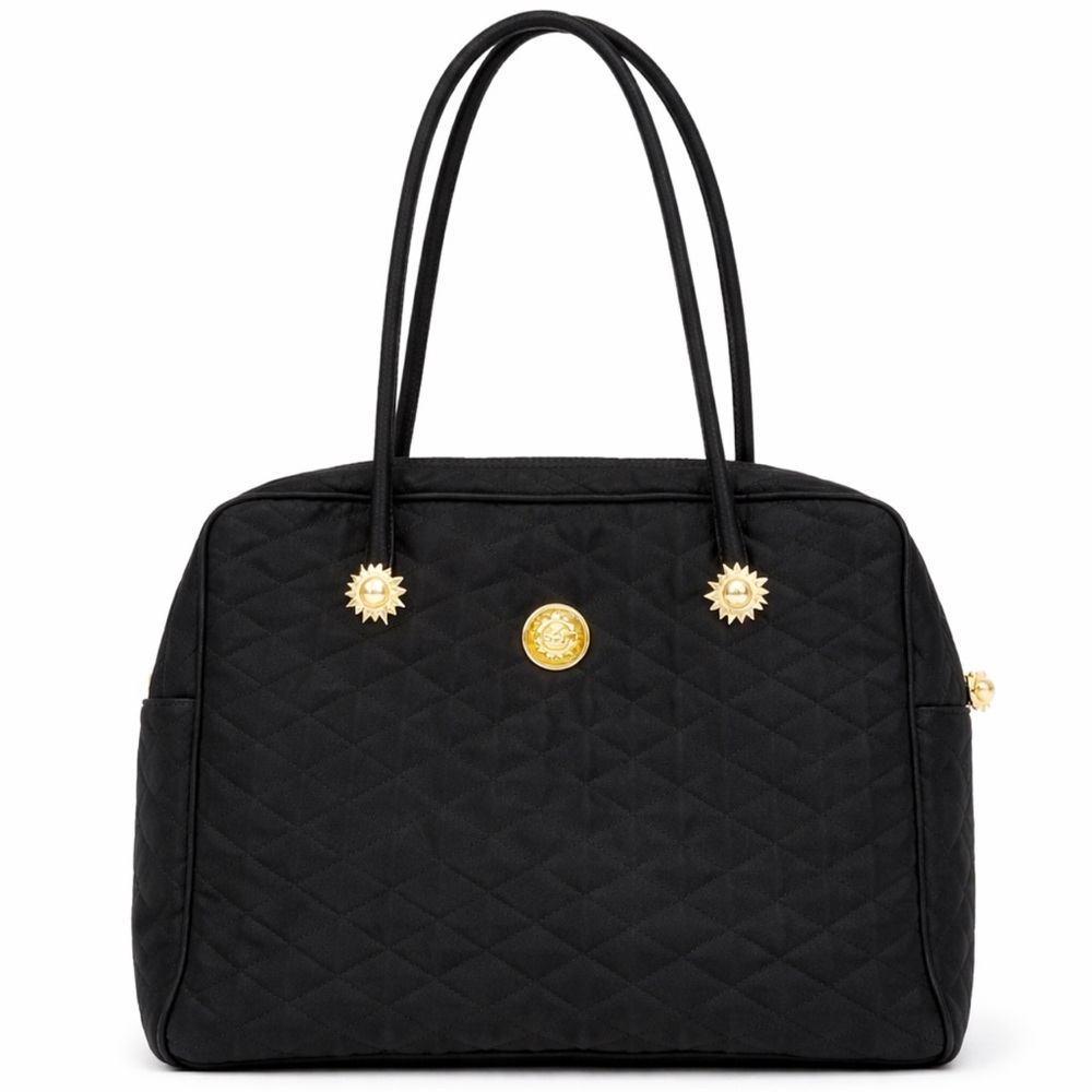 Vintage Philippe Charriol 90s Black Quilted Nylon Shoulder Tote Gold Medallion